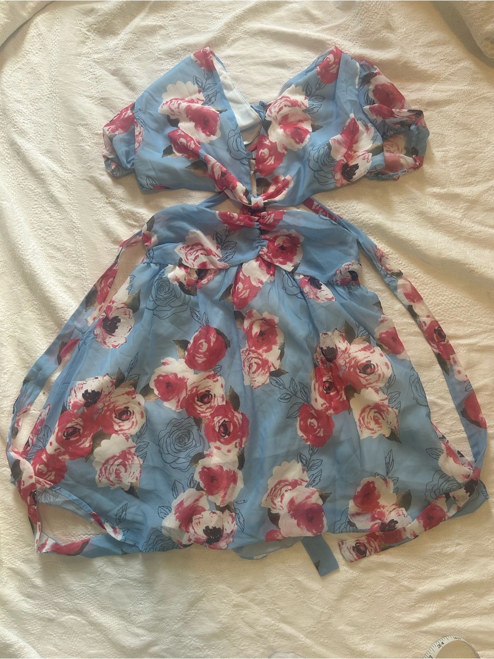 NWOT Floral Print Lace Up Cut Out Backless Chiffon Dress - Blue/Pink, size S - Picture 5 of 13